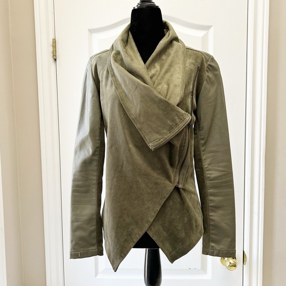 Dex Olive Green Open Front Draped Waterfall Moto Jacket Faux Leather/Suede XS - Picture 15 of 16